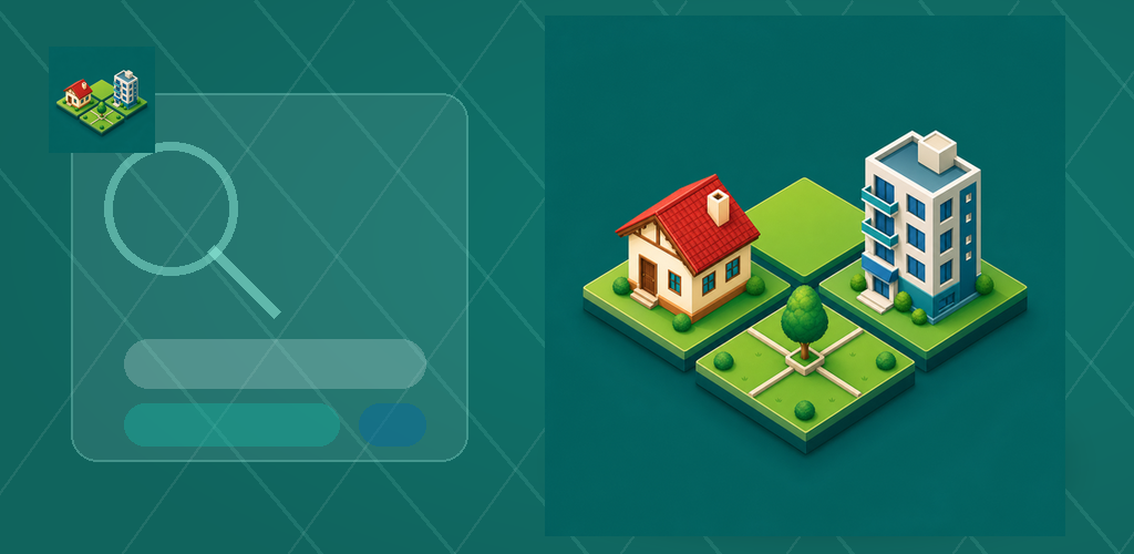 Illustration of a house, land plot, and building on a green map